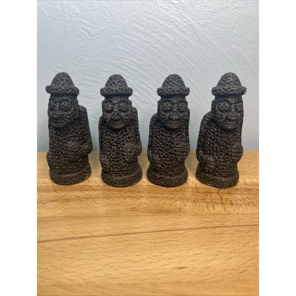 Set Of 4 Jeju Island Korean Lava Stone Rock Statue Totem Figurine Folk Art